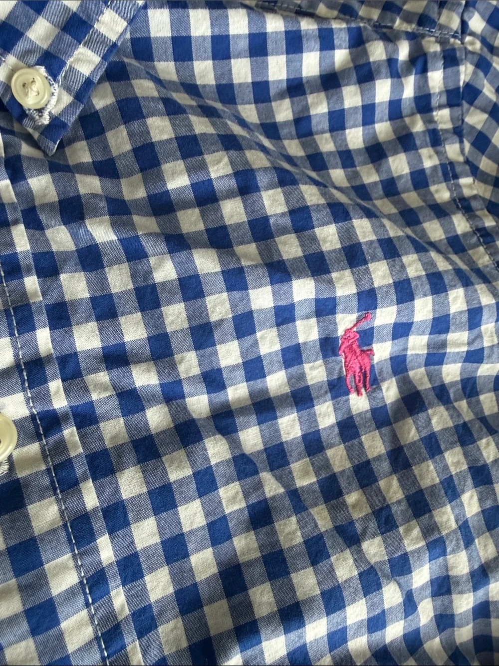 Ralph Lauren Boys Blue & White Gingham Button-Down Shirt with Pink Pony